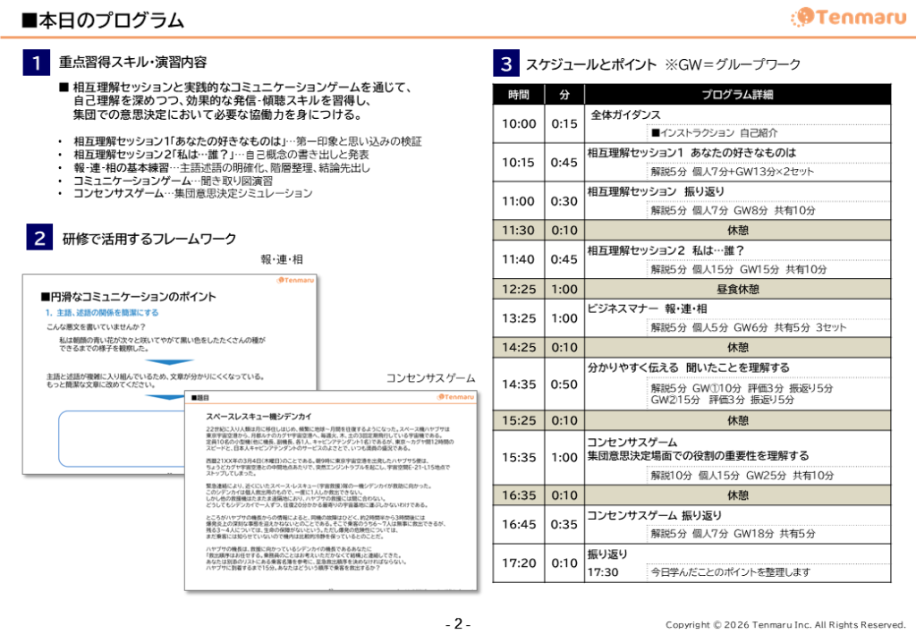 26卒新入社員研修コミュニケーションタイムテーブル